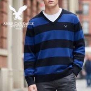 American Eagle Outfitters Men's V-Neck stripped ruby Sweater in Blue and Black s